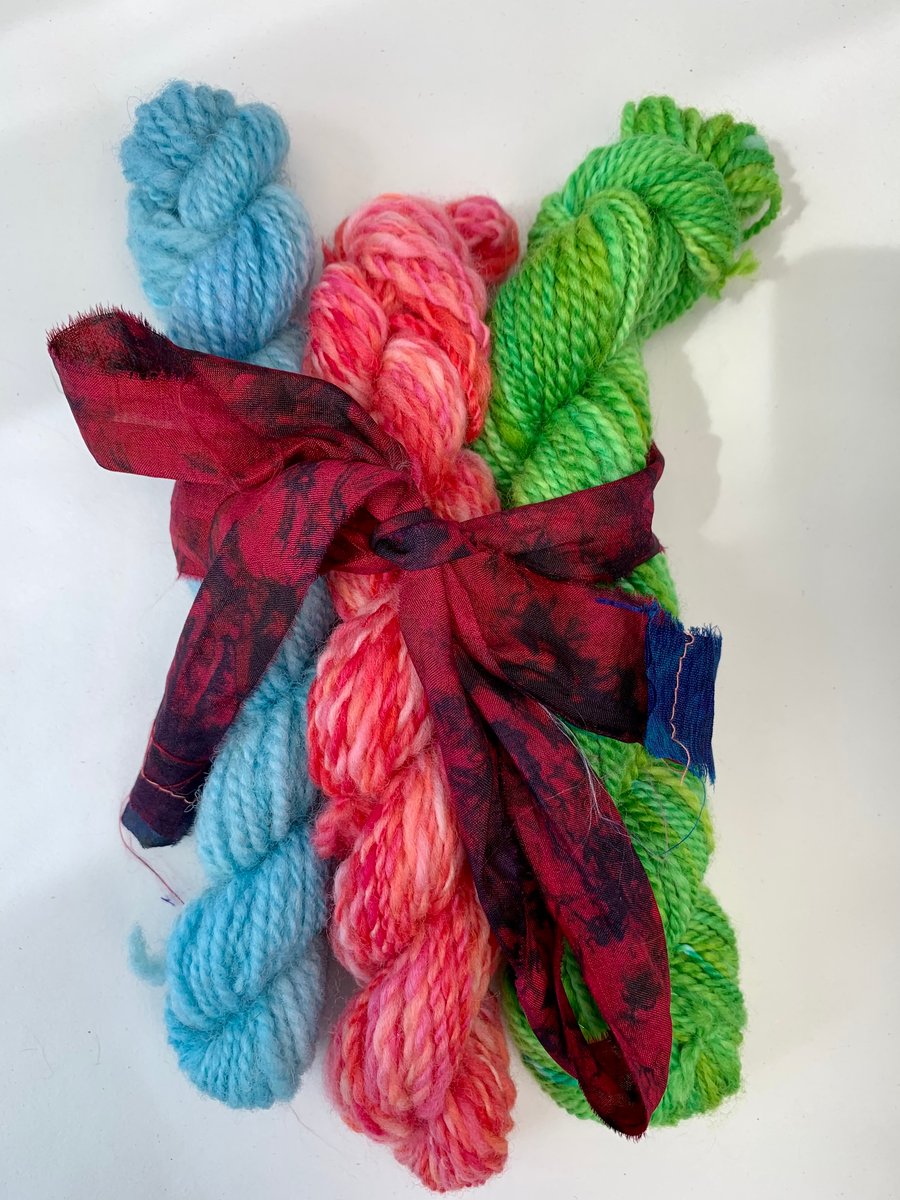 Hand spun bundle of yarns. Wool, crafts, weaving. 