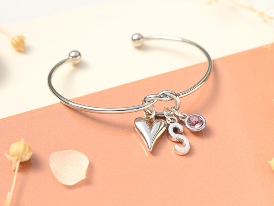 Personalised Initial Silver Bracelet - Friendship Knot, Gift for Her, 