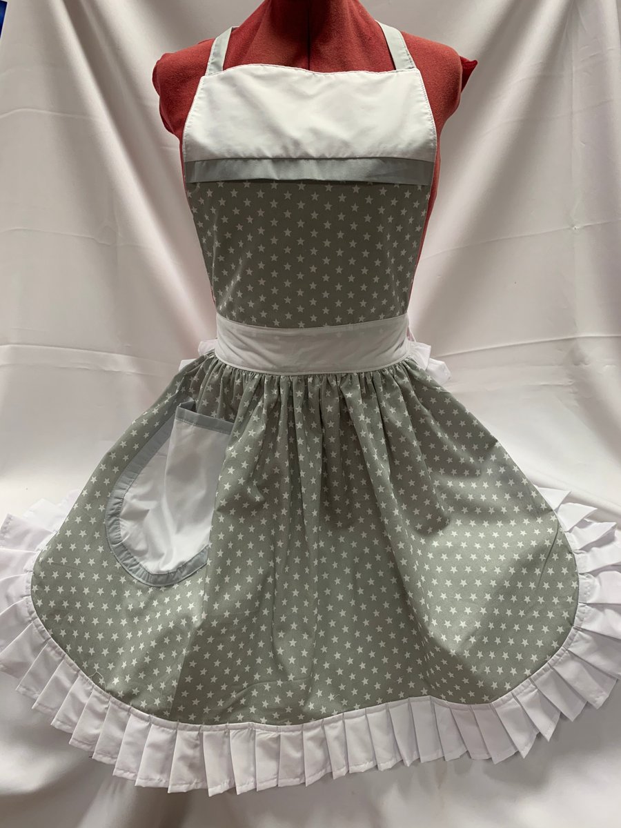 Vintage 50s Style Full Apron - Silver Grey with White Stars and White Trim