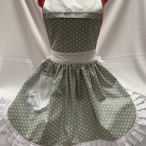 Vintage 50s Style Full Apron - Silver Grey with White Stars and White Trim