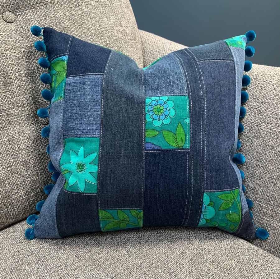 Vintage Roundelay and patchwork denim cushion