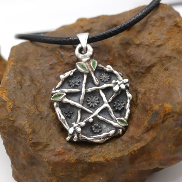 Recycled Sterling Silver Natures Pentacle Pendant Waxed Cotton Cord Necklace.