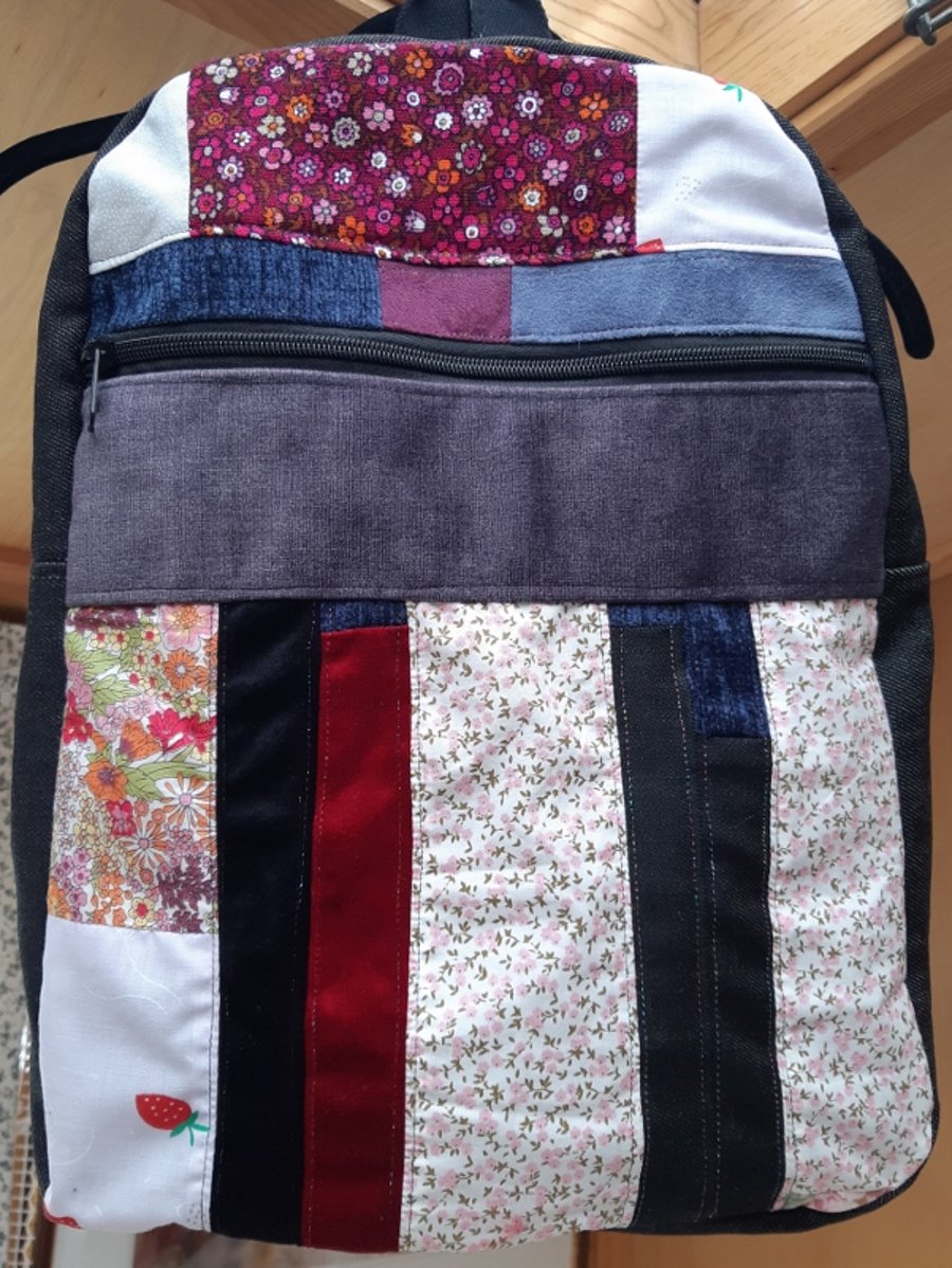 Charcoal denim and patchwork backpack