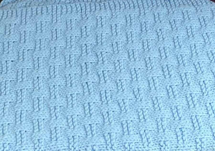 Pastel Blue Baby Blanket Knitted in a Basket Weave pattern 