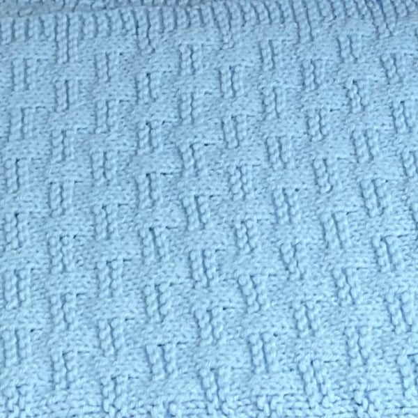 Pastel Blue Baby Blanket Knitted in a Basket Weave pattern 