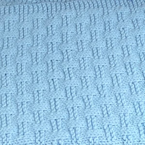 Pastel Blue Baby Blanket Knitted in a Basket Weave pattern 
