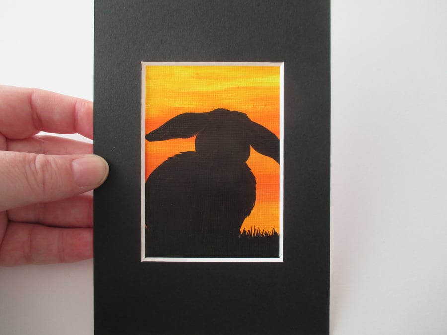ACEO Rabbit aceo silhouette original art painting picture bunny black sunset 
