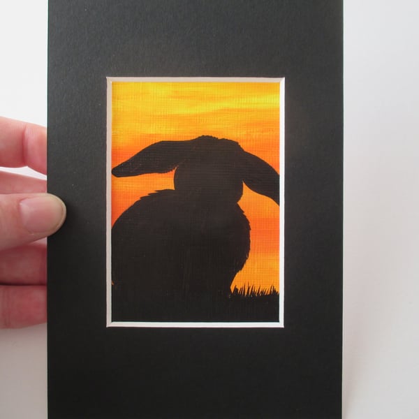 ACEO Rabbit aceo silhouette original art painting picture bunny black sunset 