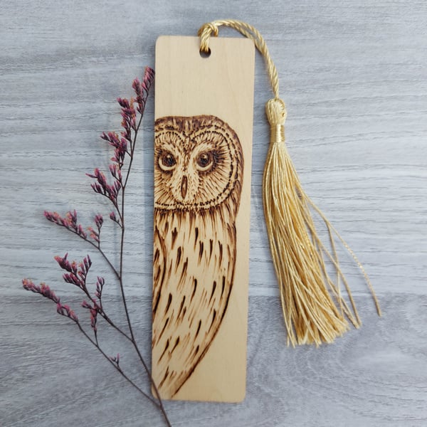 Short Eared Owl Pyrography Wood Bookmark. Unique Letterbox Gift For Nature Lover