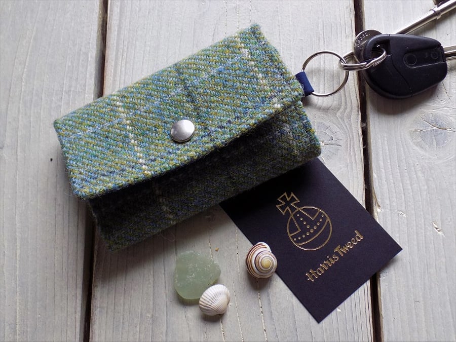 Harris Tweed keys wallet, small coin purse in sage green check