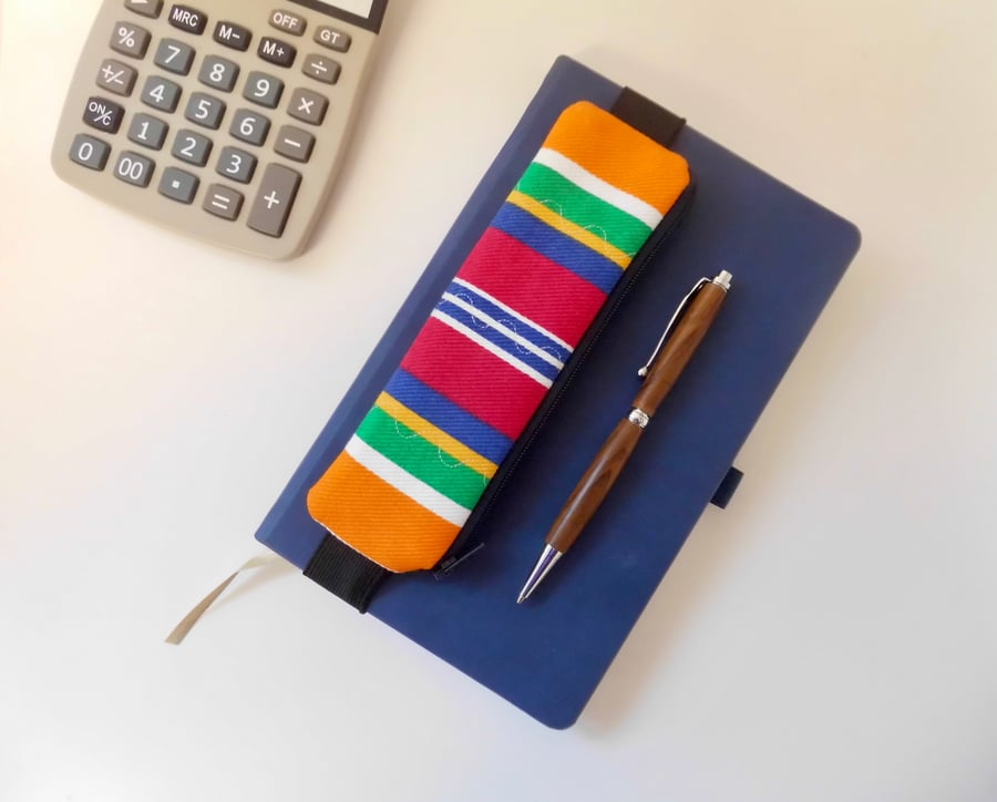  Elasticated pencil case for cover of book diary journal multi coloured stripes