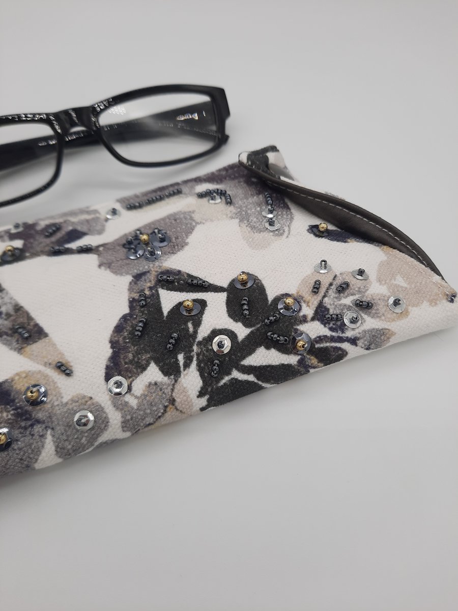 Glasses case in beaded white foliage fabric,  free UK delivery.  