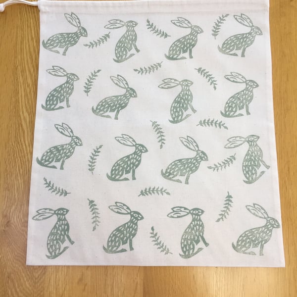 Hand Block Printed Cotton Drawstring Bag - Hares