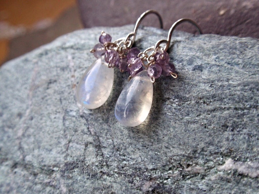 Rainbow moonstone earrings with pink amethyst gemstones, cluster earrings