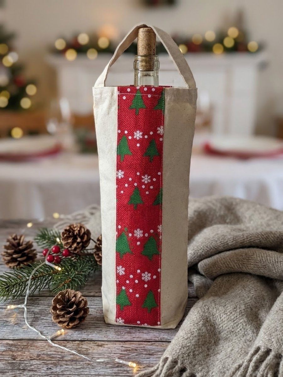 Linen Christmas tree gift bottle bag 