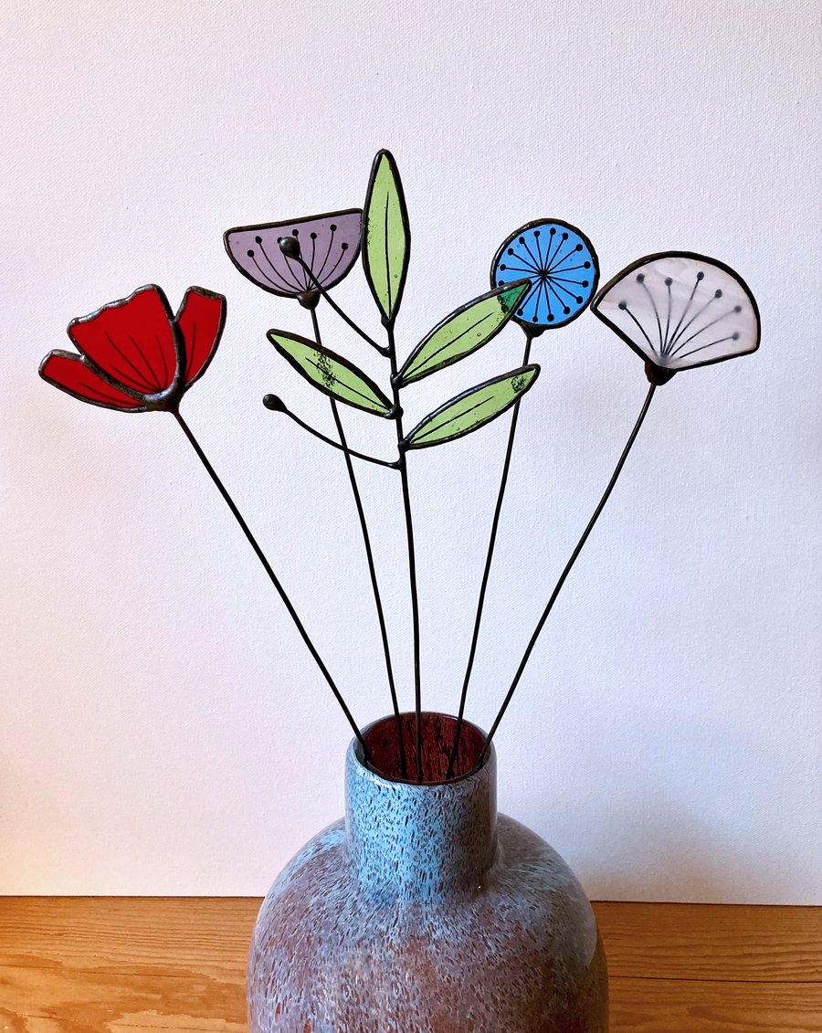 Forever Eternal Wild Flowers on stems - Handmade Stained Glass Flowers