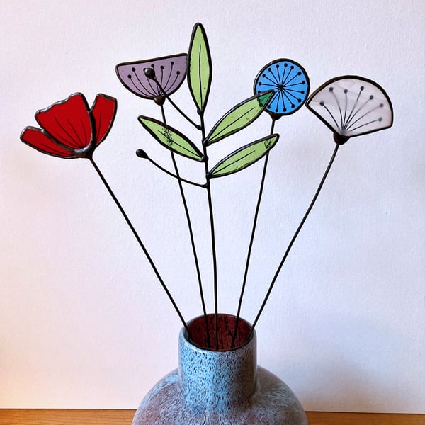 Forever Eternal Wild Flowers on stems - Handmade Stained Glass Flowers