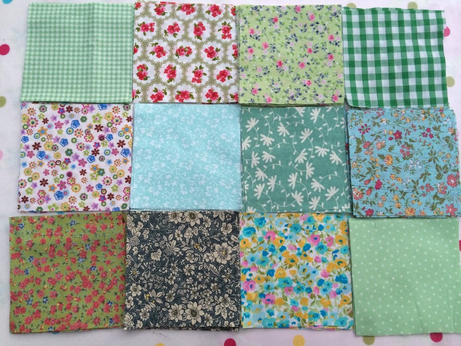 40 x 4" green  cotton patchwork squares , quilt,sewing,craft,charm packs