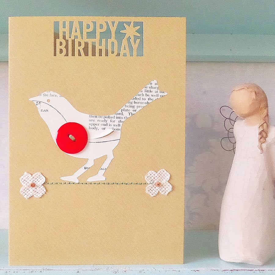 Robin Card. Hand Sewn Card. Birthday Card. Stitched Card. Bird Card. Robins.