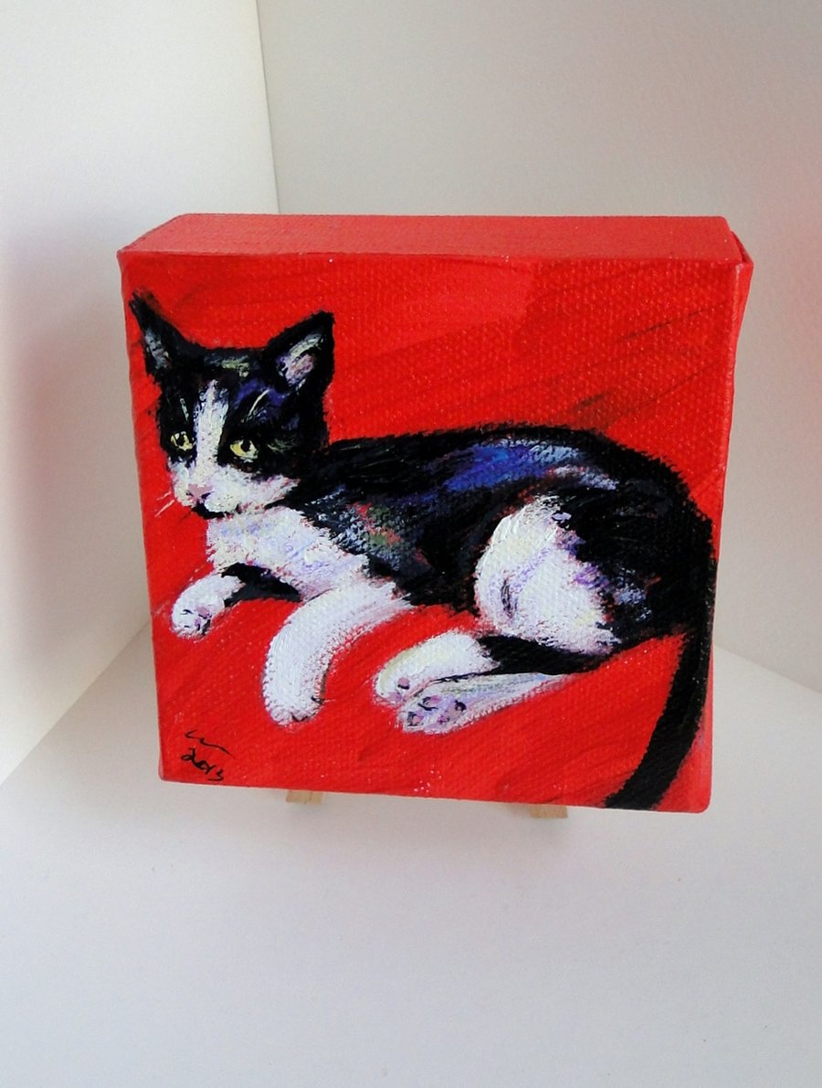 Kitten Relax Original Acrylic Painting on Box Canvas OOAK Cat Art