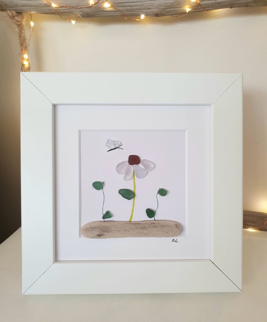 Seaglass and driftwood framed art 