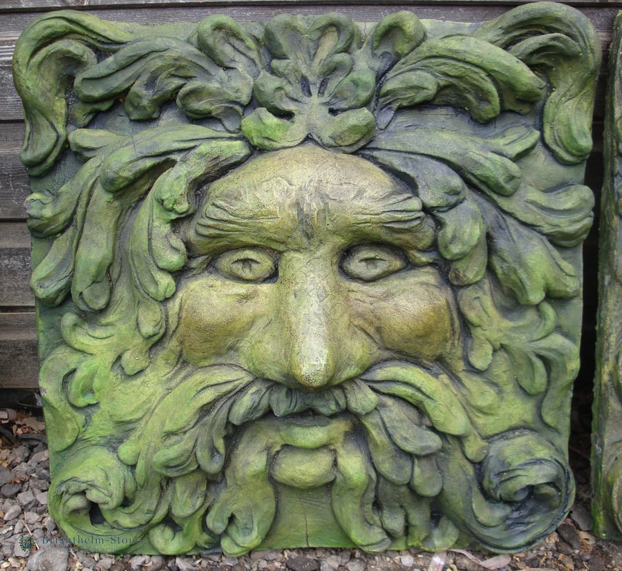 Large Square Green Man Plaque or Fountain Mask plus Free Pocket Green Man