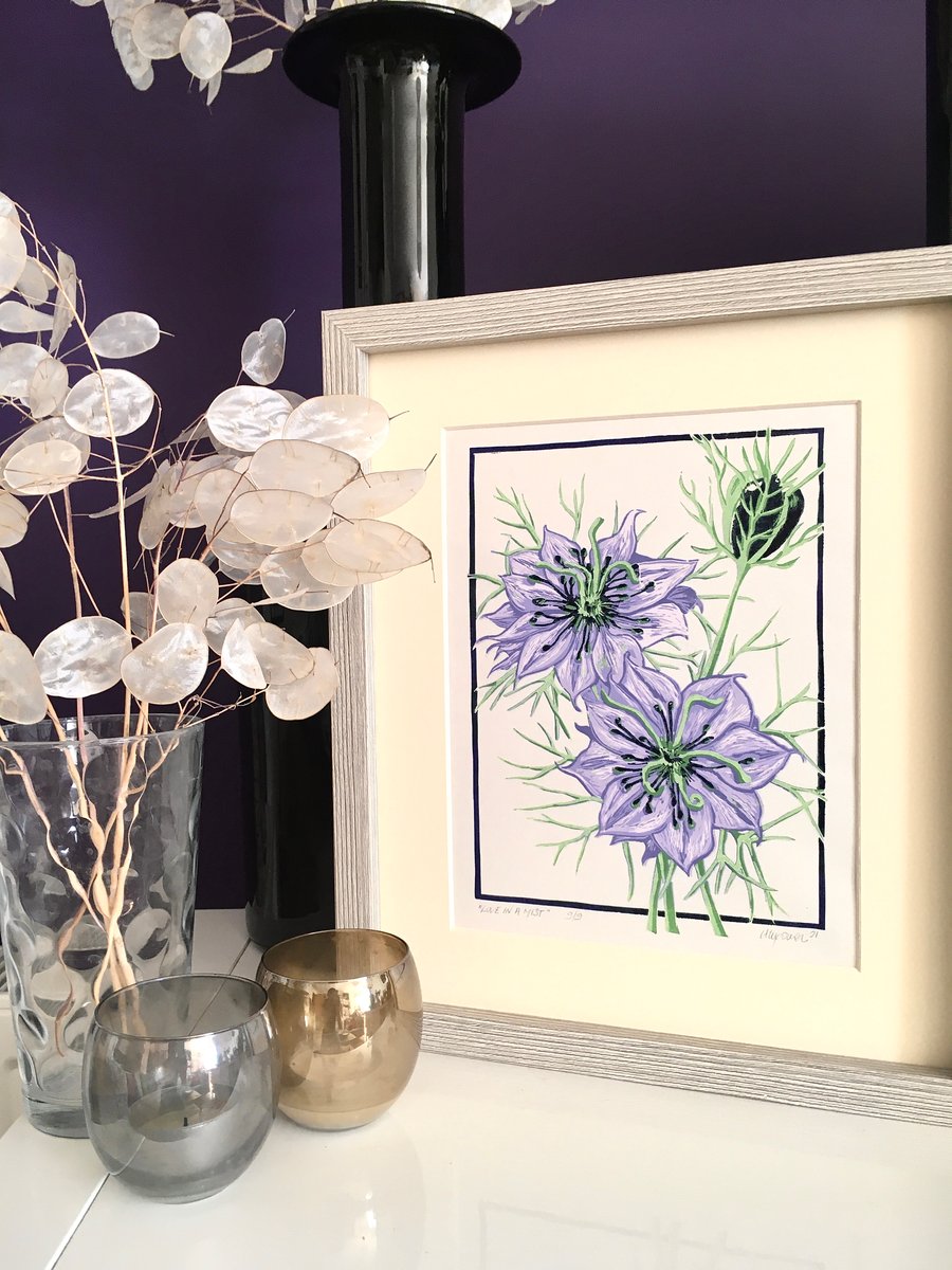 "Love in a Mist" Lino Print (Purple)