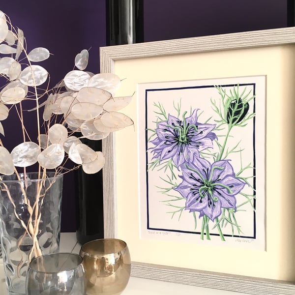 "Love in a Mist" Lino Print (Purple)