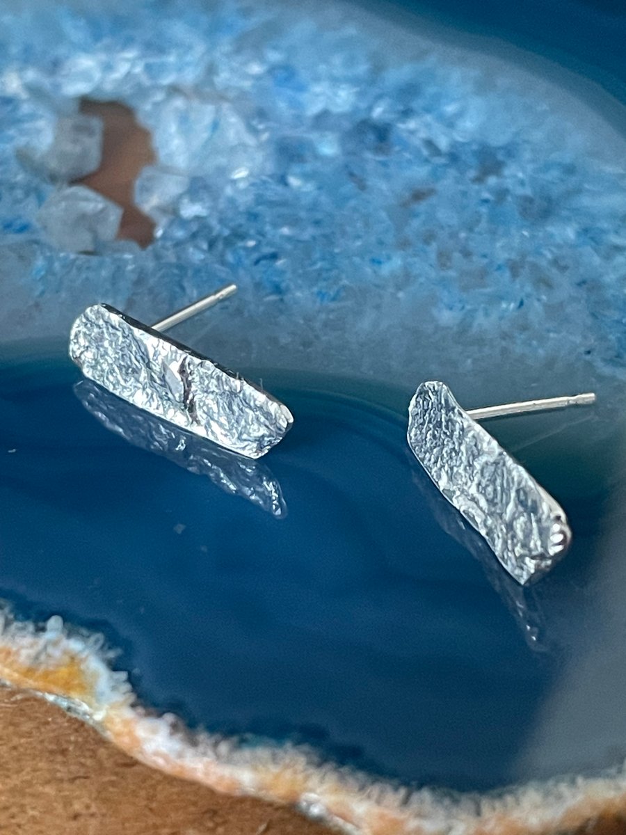Small textured rectangular studs in recycled sterling silver, Reticulation