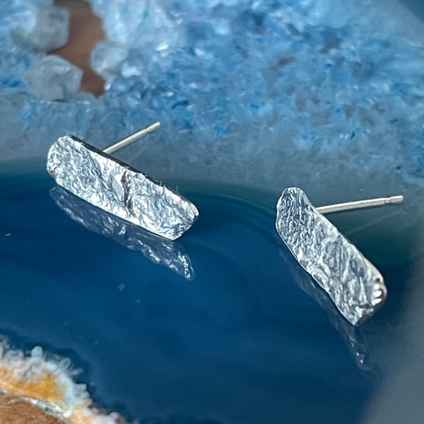 Small textured rectangular studs in recycled sterling silver, Reticulation