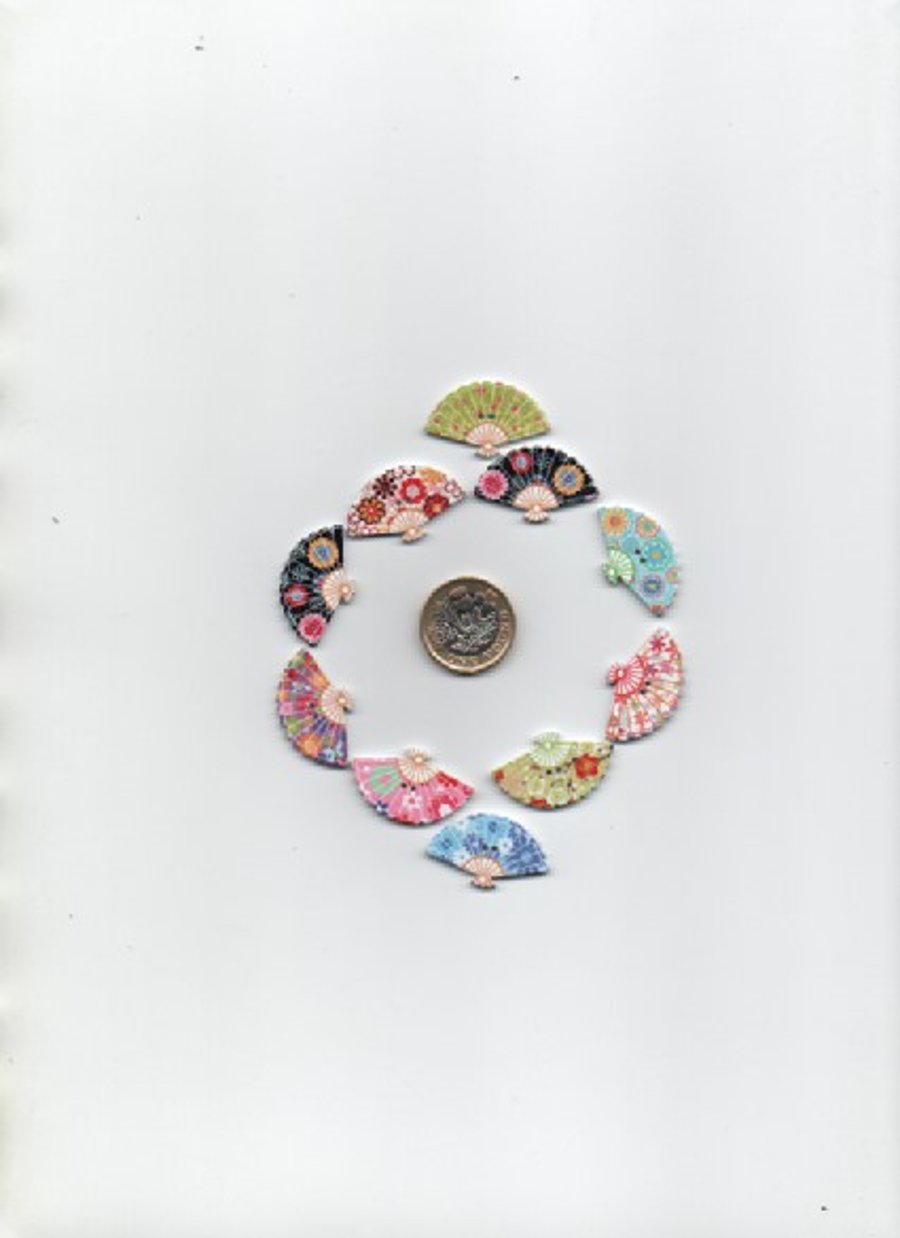 10 assorted colourful printed wooden ORIENTAL FAN craft buttons CLEARANCE
