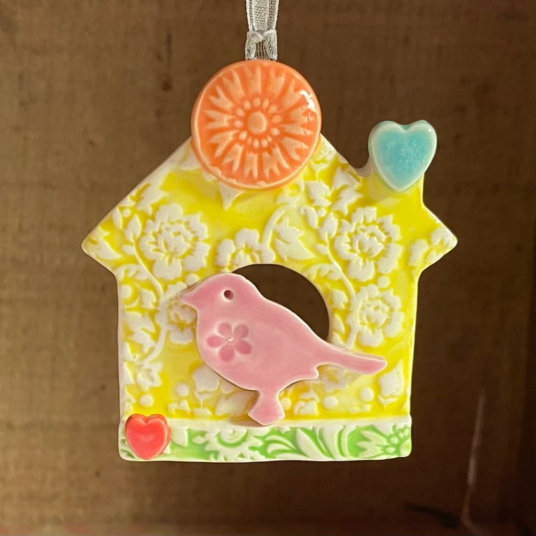 Small Ceramic bird house decoration with pink bird