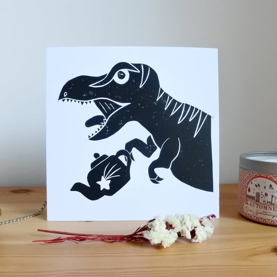 Tea-rex - Original Handmade T-Rex Lino Print