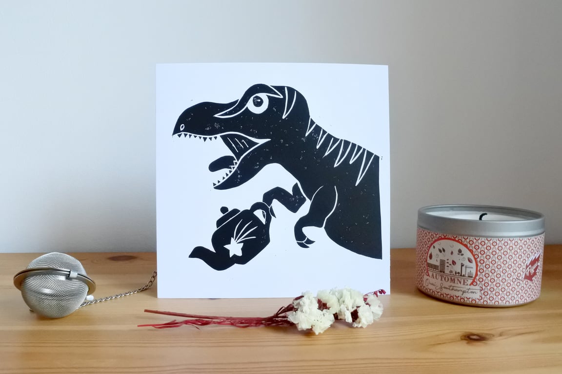 Tea-rex - Original Handmade T-Rex Lino Print