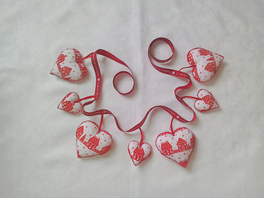 Scandinavian style Christmas bunting, red and white hand stitched hearts