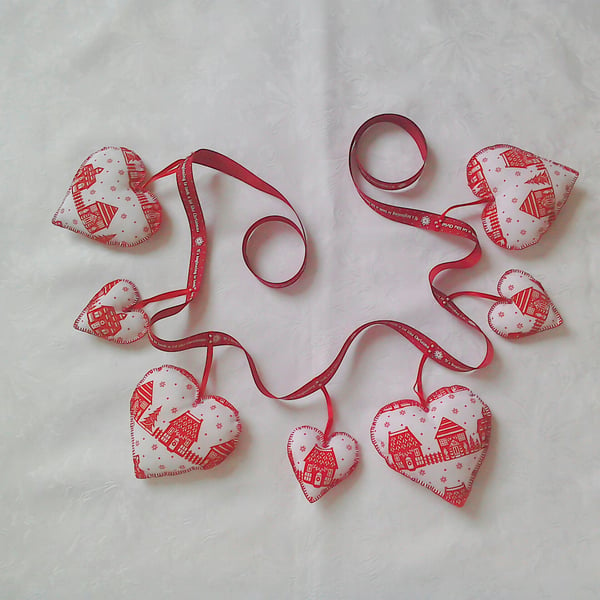 Scandinavian style Christmas bunting, red and white hand stitched hearts