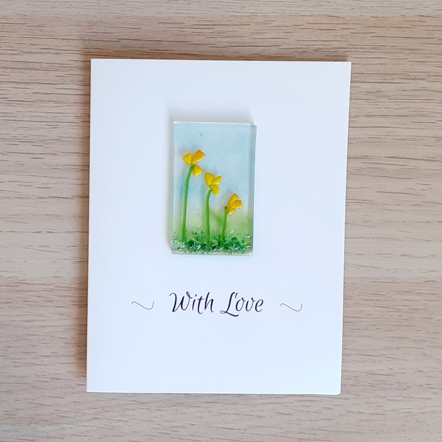 Fused glass 2 in 1 With Love greeting card and keepsake decoration, daffodils