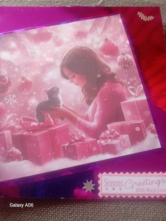 Christmas Kitten and Girl handmade large Card