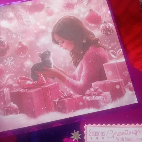 Christmas Kitten and Girl handmade large Card