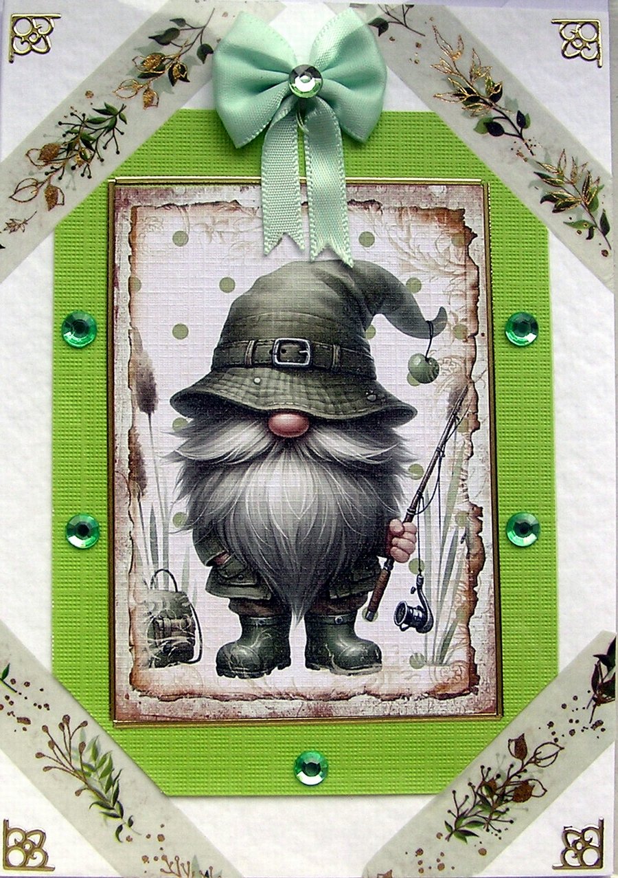 Fishing Gnome - Hand Crafted 3D Decoupage Greeting Card - Blank - 2678