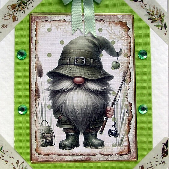 Fishing Gnome - Hand Crafted 3D Decoupage Greeting Card - Blank - 2678