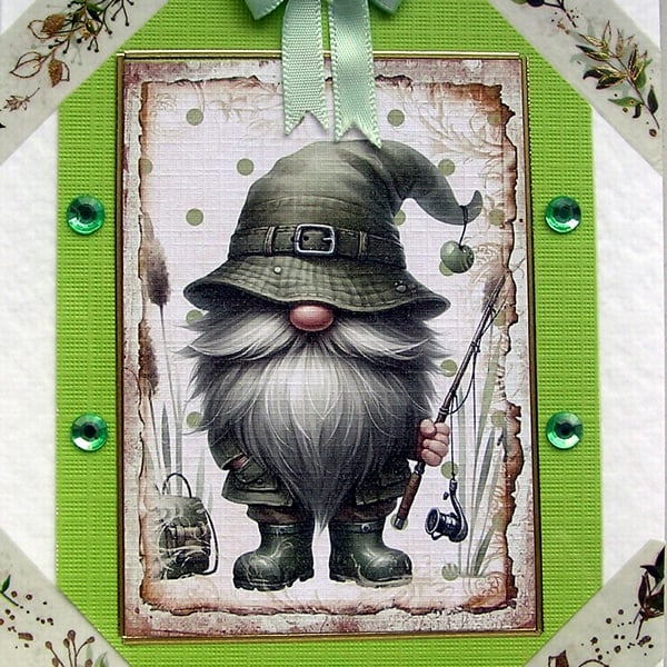 Fishing Gnome - Hand Crafted 3D Decoupage Greeting Card - Blank - 2678