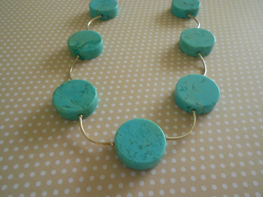 Turquoise Coin and Sterling Silver Curve Bead Necklace