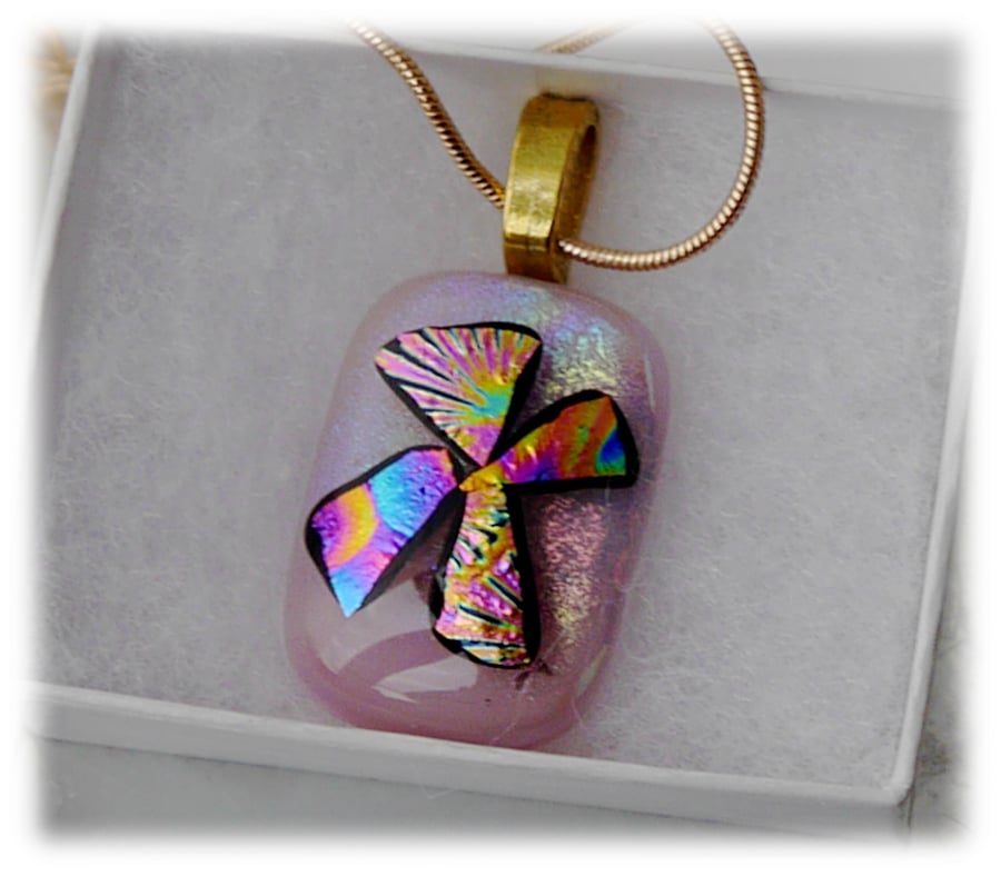 Dichroic Glass Pendant 092 Pink Gold Bow Handmade with gold plated chain