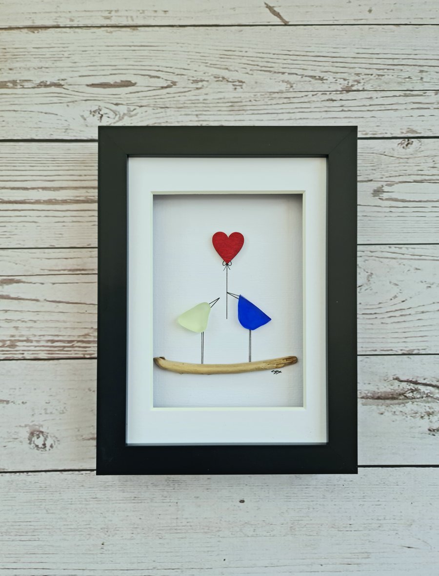 Love birds sea glass art pebble art birthday gift for her ruby wedding gift