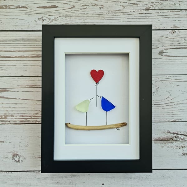 Love birds sea glass art pebble art birthday gift for her ruby wedding gift