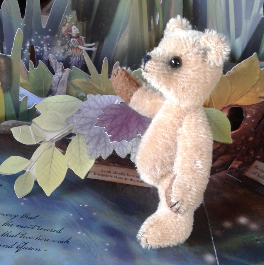 Collectable mohair bear Lottie 5" tall fully jointed with cardi and flower hat