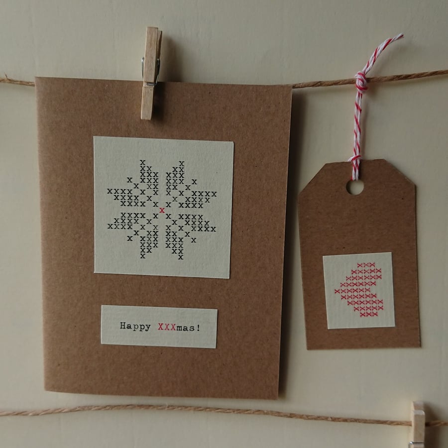 Happy Xmas card - retro typewritten snowflake - lots of x's! - with gift tag