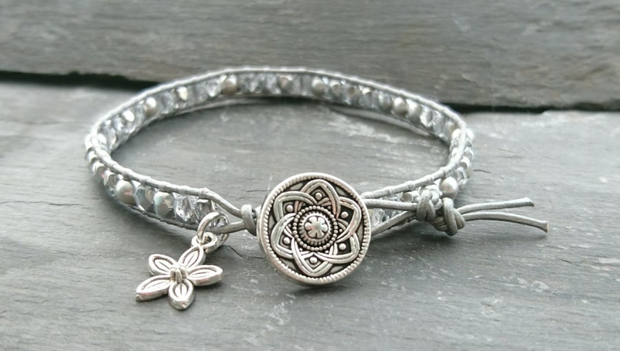Silver leather, glass bead and Swarovski glass pearl bracelet with flower button
