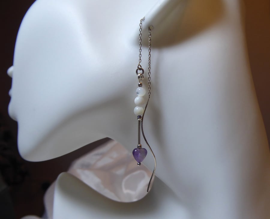 Cupid's Arrow Sterling Silver Threader Earrings with Amethyst & Mother of Pearl 
